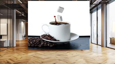 Cup of coffee with falling sugar cube  isolated on white backgro Wall mural