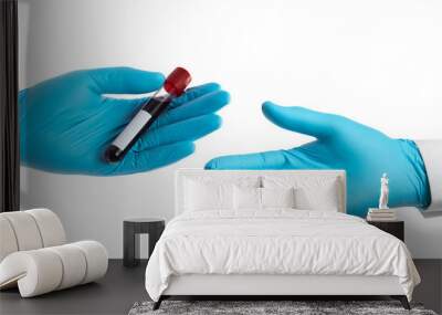 Female hand holding test tube with blood plasma isolated on white Wall mural