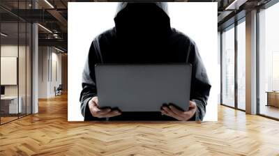 Hacker with hidden face in a hoodie using a laptop isolated on white background Wall mural