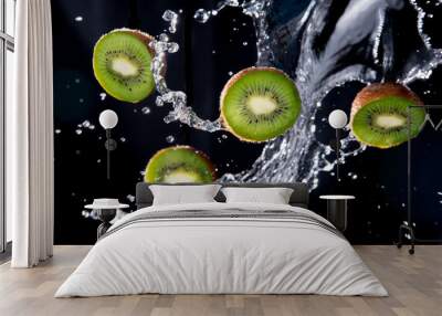 Kiwi slice with splash isolated on black background. Wall mural