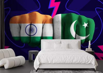 India VS Pakistan T20 Cricket World Cup 2024 concept match template banner vector illustration design. Flags painted on hand with colorful background Wall mural