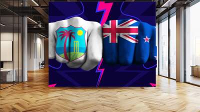 West Indies VS New Zealand T20 Cricket World Cup 2024 concept match template banner vector illustration design. Flags painted on hand with colorful background Wall mural