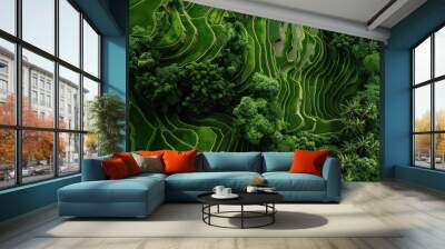 Aerial view of beautiful rice terraces forming an abstract pattern of lush green lines in asia Wall mural