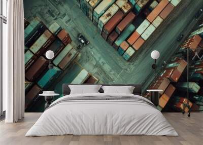 Cargo containers waiting in a port terminal for delivery by truck drivers Wall mural