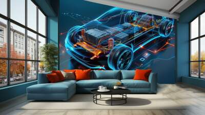 Electric car hologram showing the battery and engine while driving on a digital road Wall mural