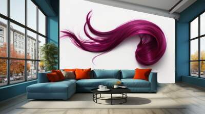 Elegant and artistic composition is created by a single shiny, purple hair resting on a white background Wall mural