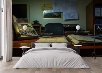 Empty office desk with music sheet and telephone waiting for employee after work Wall mural