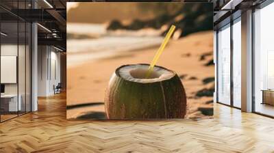 Fresh coconut water enjoyed on a tropical beach at sunset Wall mural