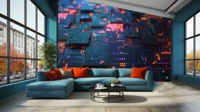 Futuristic circuit board glowing with data transferring through integrated circuits Wall mural