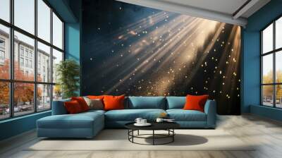 Golden light beams piercing through dark misty clouds, casting a spellbinding aura Wall mural