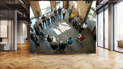 Large group of people listening to speaker in modern office building Wall mural