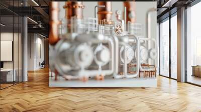 Miniature industrial plant model showing complex copper and steel pipelines Wall mural