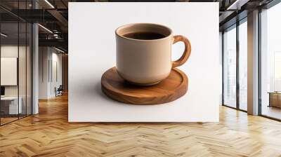 Steaming coffee cup on cozy coaster against white background promises relaxation and energy in a serene morning setting Wall mural