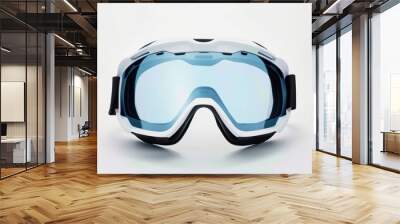 White ski goggles with blue lens reflecting on white background Wall mural