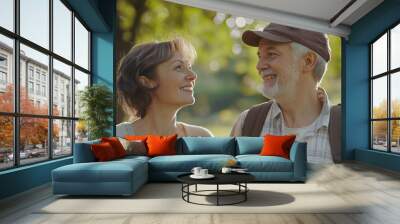 a 50 year old couple in love walking in the park Generative AI Wall mural