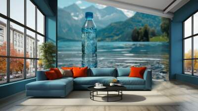 a bottle of pure drinking water with a lake and mountains in the backdrop Generative AI Wall mural