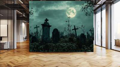 cemetery at night with a full moon Generative AI Wall mural