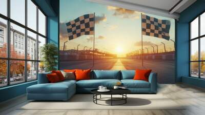 checkered flags at the start and finish of the Sports Race Track Generative AI Wall mural