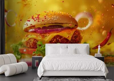 delicious burger flying Generative AI Wall mural