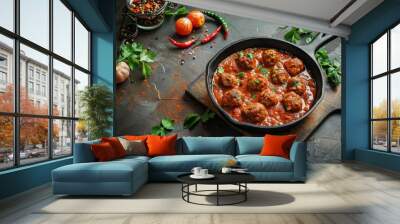 meatballs in tomato sauce in a frying pan Generative AI Wall mural