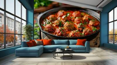 meatballs in tomato sauce in a frying pan Generative AI Wall mural