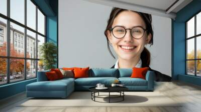 Photorealistic beautiful cheerful professional business woman office worker wearing glasses Generative AI Wall mural