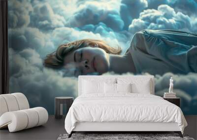 Photorealistic beautiful woman sleeps in the clouds Generative AI Wall mural