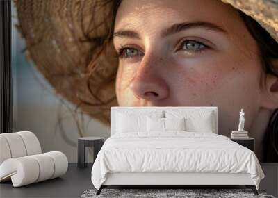 Photorealistic beautiful young woman on the seashore Generative AI Wall mural