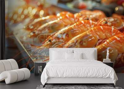 Photorealistic fresh seafood on market stalls Generative AI Wall mural