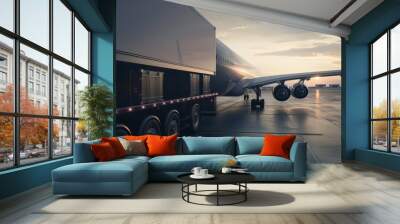 Photorealistic logistic import export background Cargo plane goods truck with cargo containers Generative AI Wall mural