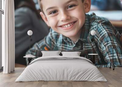 primary school student boy in class with pen in hand smiling at desk Generative AI Wall mural