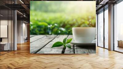 tea in a cup on a wooden table against the background of a tea plantation Generative AI Wall mural