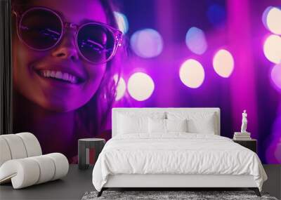 young woman in sunglasses at disco in neon light close-up portrait Generative AI Wall mural