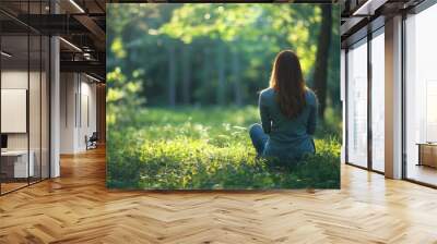 young woman sitting in green forest on grass view from back Generative AI Wall mural