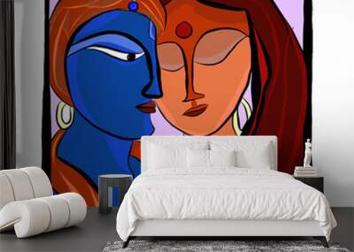 Colourful graphical Illustration of Rradha and Krishna - the Hindu Goddess and God Wall mural