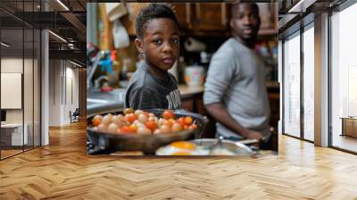 child family kitchen food boy son father breakfast happy together fun morning bonding healthy diet eating home black african american man happy kid game childhood cute parent, Generative AI  Wall mural