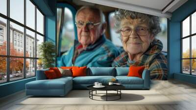 senior car couple woman man driving happy old retirement elderly retired lifestyle vehicle travel mature adult transport male female automobile auto drive, Generative AI  Wall mural