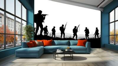 A group of soldiers in silhouette, armed with rifles and standing on a hill against a white background. There are power lines in the distance, suggesting a combat zone. Wall mural