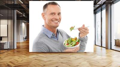 Healthy food, diet and portrait of happy man with salad, nutrition and smile isolated on transparent png background. Health, happiness and hungry male model eating vegetable bowl for vegan benefits. Wall mural