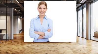 Portrait, smile and arms crossed with a business woman isolated on a transparent background. Worker, confidence or mission with a confident and attractive young professional employee standing on PNG Wall mural