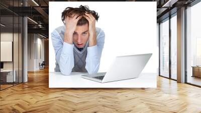 Stress, headache and portrait of man with laptop on isolated, transparent or png background. Anxiety, face and mistake by male employee in crisis, migraine or frustrated by online, glitch and 404 Wall mural