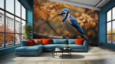 A Blue Jay ruffling its feathers seating on branch Wall mural