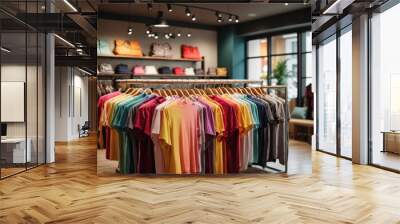 A collection colorful tshirts on hang for sale in shop Wall mural