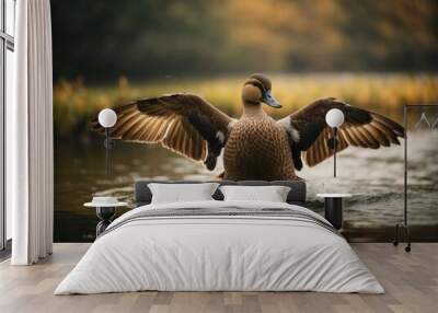 A Gadwall duck drake flapping its wings Wall mural