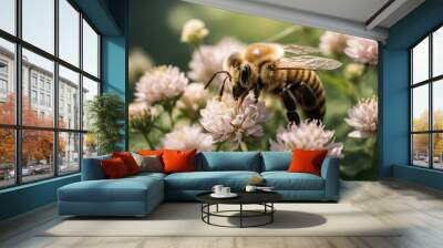 bee or honeybee on white clover flower micro view Wall mural