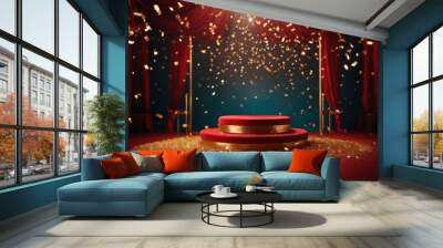 Circus stage with golden falling confetti on red background Wall mural