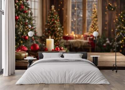 Empty wooden table with christmas theme in background Wall mural