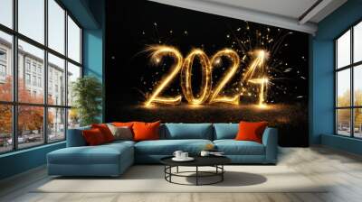 Gold Sparkler Firework Text with 2024 Caption on Black background Wall mural