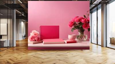 red book mockup on an office desk with a pink wall background Wall mural