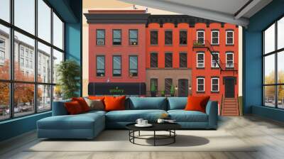 Illustration of a city landscape with townhouses. Brooklyn street view. Flat art style. Housing, real estate market, architecture design, property investment concept banner. Wall mural